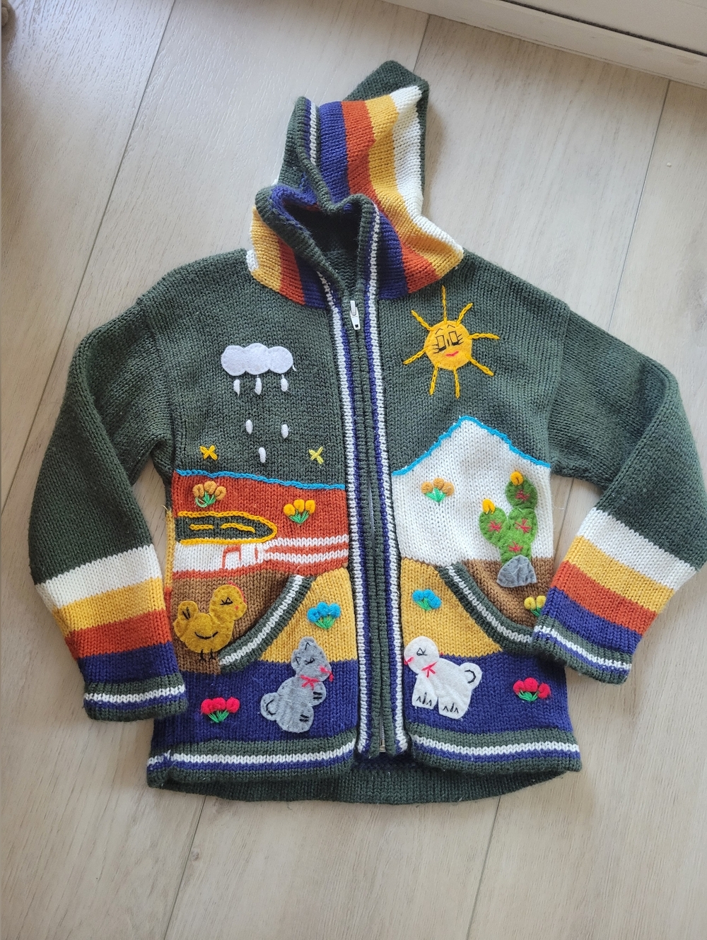 Kids Gender Neutral Peruvian Boho Arpillera Sweater Knit Jacket Colorful 4T